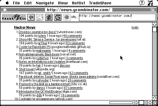 Hacker News website on a 1986 Mac