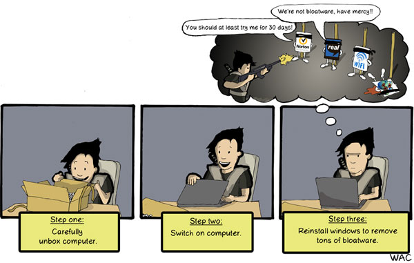 a comic strip illustrating that PCs still come out of the box full of bloatware